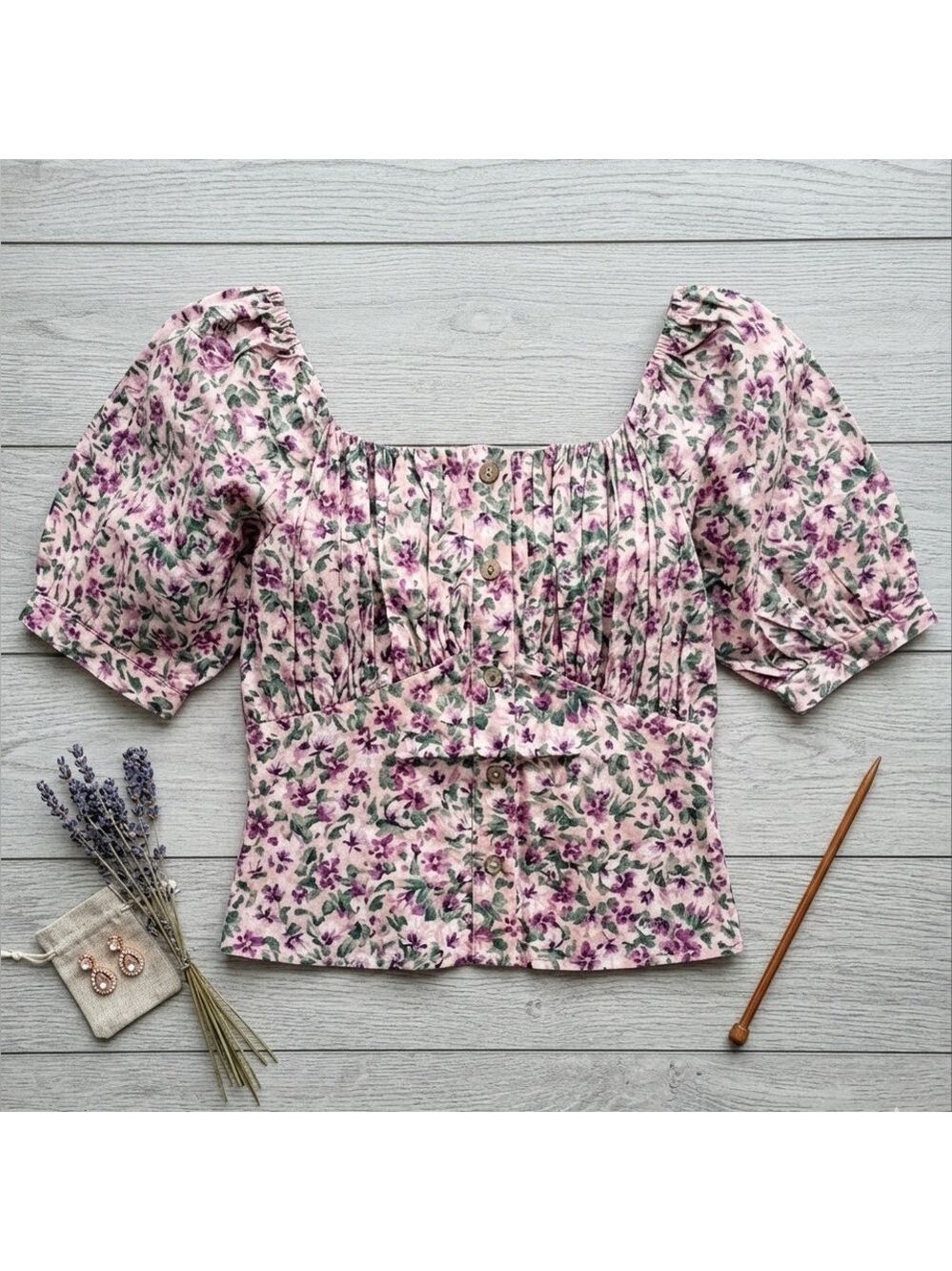 Color Block Smocked Floral Top Pink Purple Green Small NWT